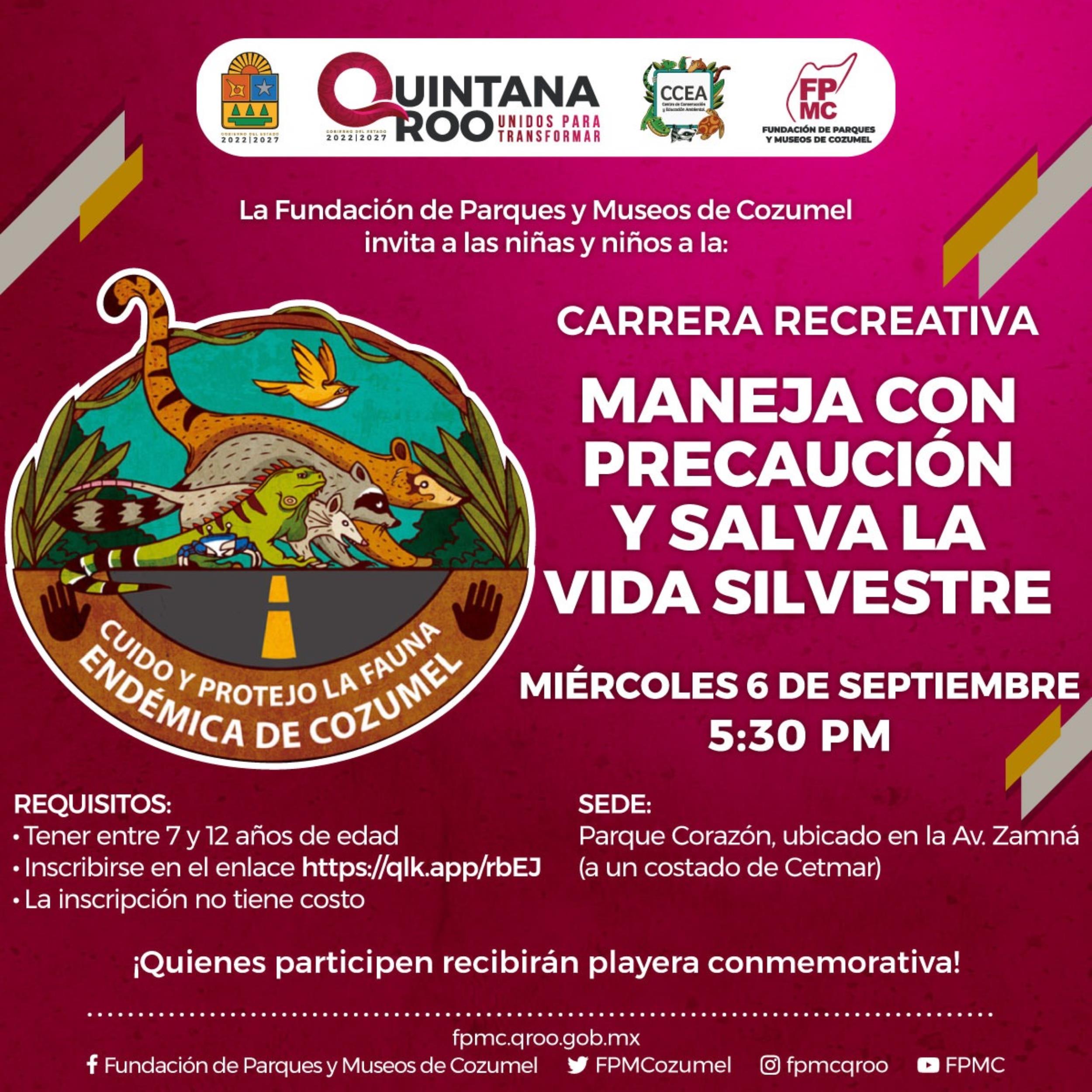 La Fundación de Parques y Museos de Cozumel realizará la primera carrera recreativa “Maneja con Precaución y Salva la Vida Silvestre”